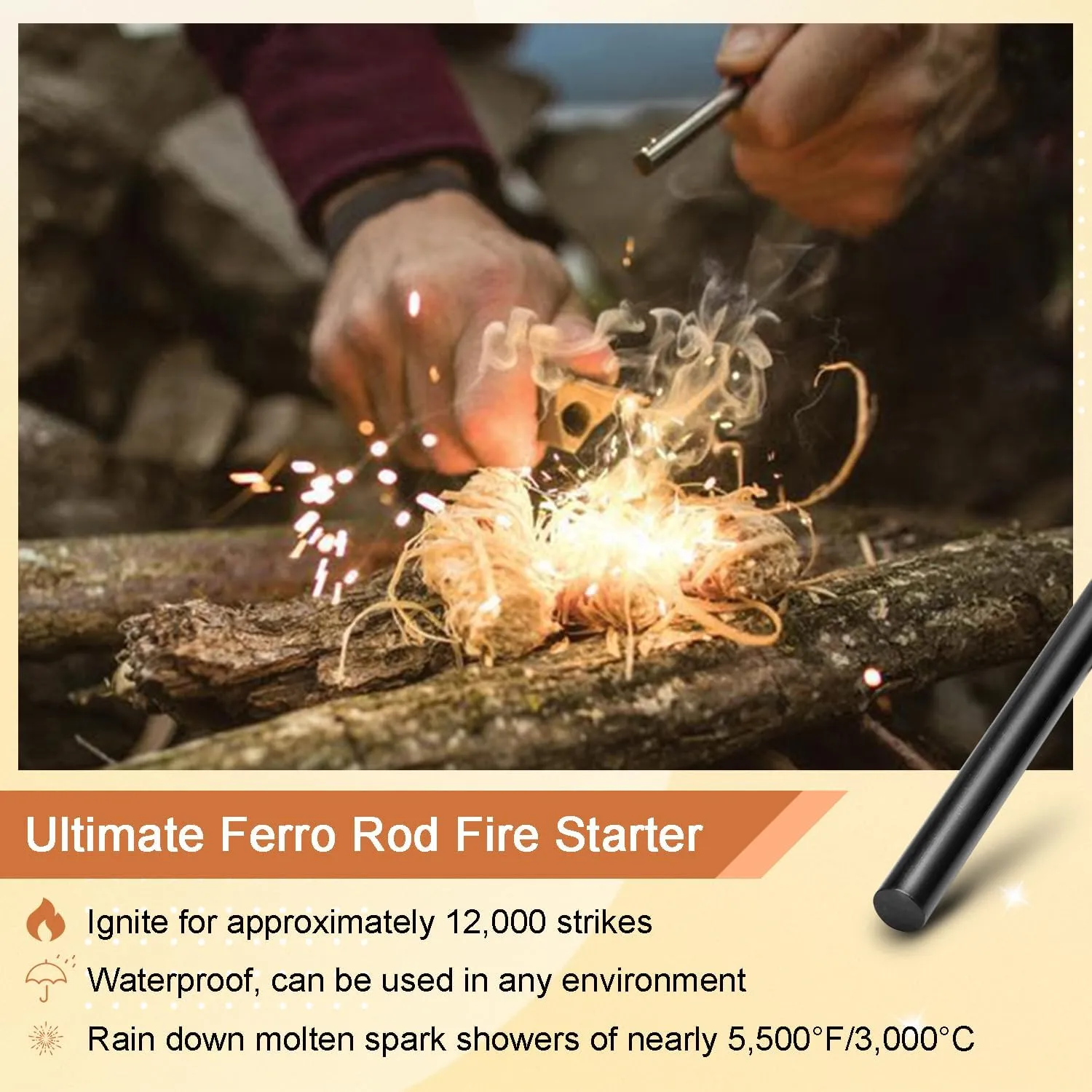 2 Pack Ferrocerium Rod Fire Steel,3/8x4 Inch Ferro Rod Fire Starter,Camping Fire Starter Survival,Flint Stick for Paracord Bracelet keychain lanyard Camping Hiking DIY Outdoor Emergency Kit