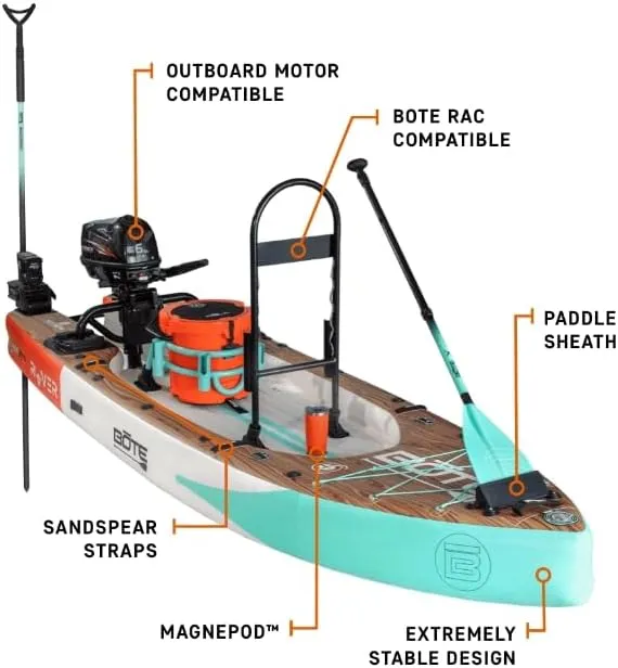 BOTE Rover Aero 12 FT 6 in Inflatable Micro Skiff, Blow up SUP for Adults Kids Family Friendly, APEX Pedal Drive & HP Motor Compatible Multiple Colors