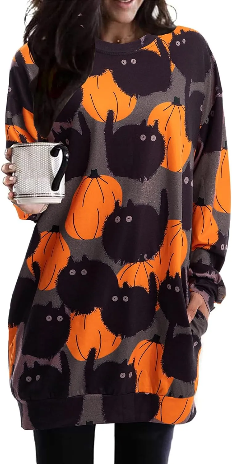 BOUTIKOME Womens Halloween Pumpkin Sweatshirt Black Cat Long Sleeve Crewneck Pullover Shirts with Pocket Tunic Tops