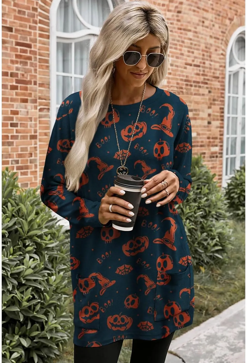 BOUTIKOME Womens Halloween Pumpkin Sweatshirt Black Cat Long Sleeve Crewneck Pullover Shirts with Pocket Tunic Tops