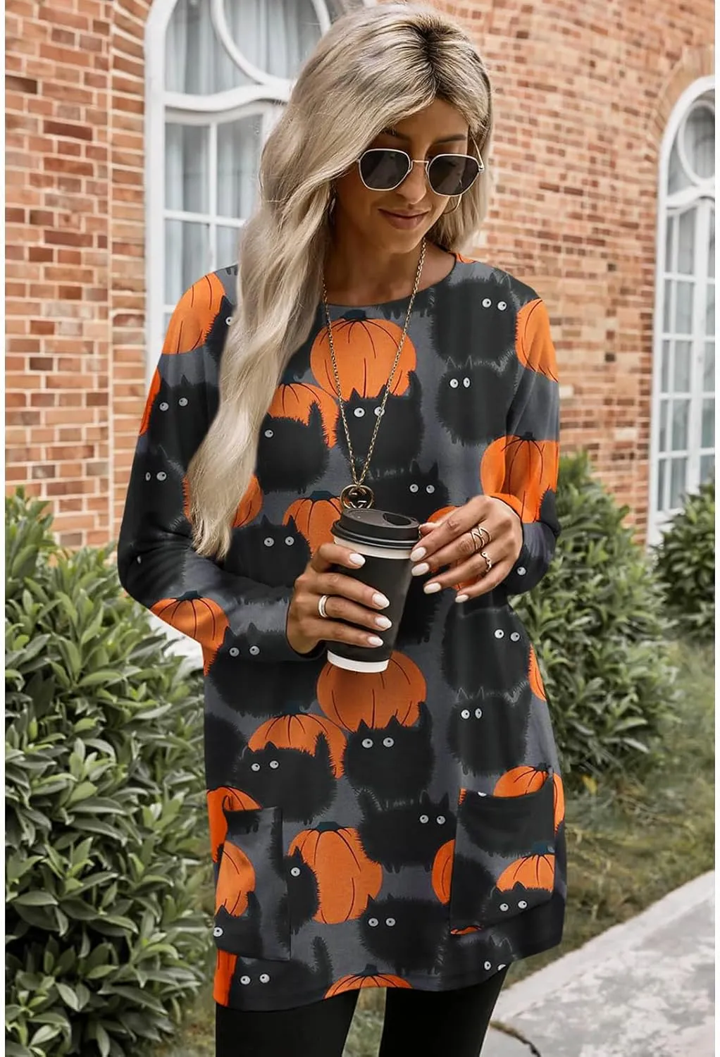BOUTIKOME Womens Halloween Pumpkin Sweatshirt Black Cat Long Sleeve Crewneck Pullover Shirts with Pocket Tunic Tops