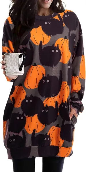 BOUTIKOME Womens Halloween Pumpkin Sweatshirt Black Cat Long Sleeve Crewneck Pullover Shirts with Pocket Tunic Tops