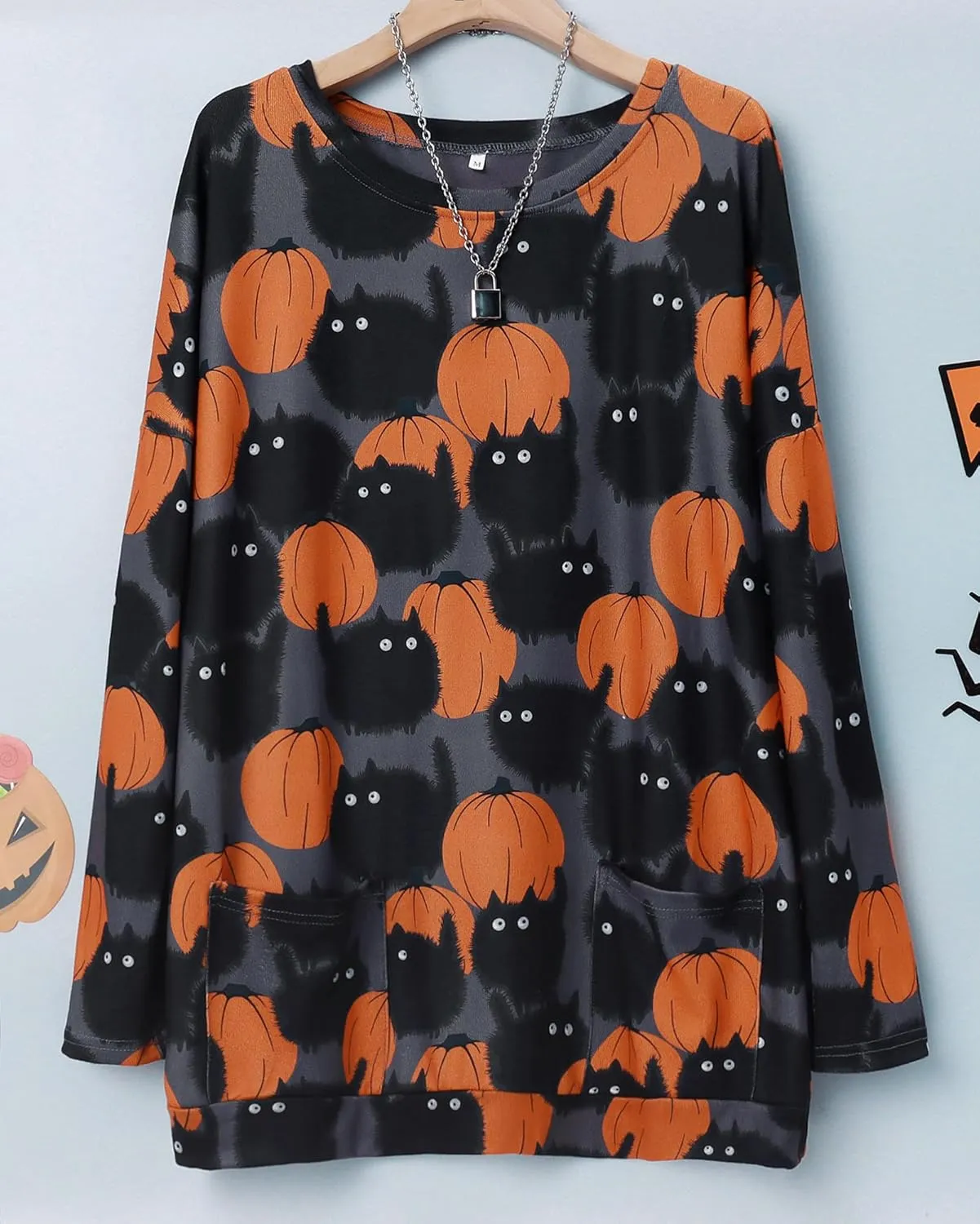 BOUTIKOME Womens Halloween Pumpkin Sweatshirt Black Cat Long Sleeve Crewneck Pullover Shirts with Pocket Tunic Tops