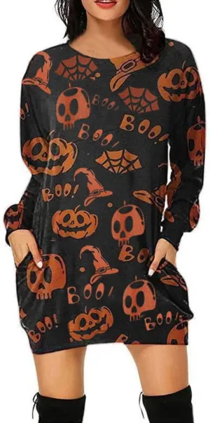 BOUTIKOME Womens Halloween Pumpkin Sweatshirt Black Cat Long Sleeve Crewneck Pullover Shirts with Pocket Tunic Tops