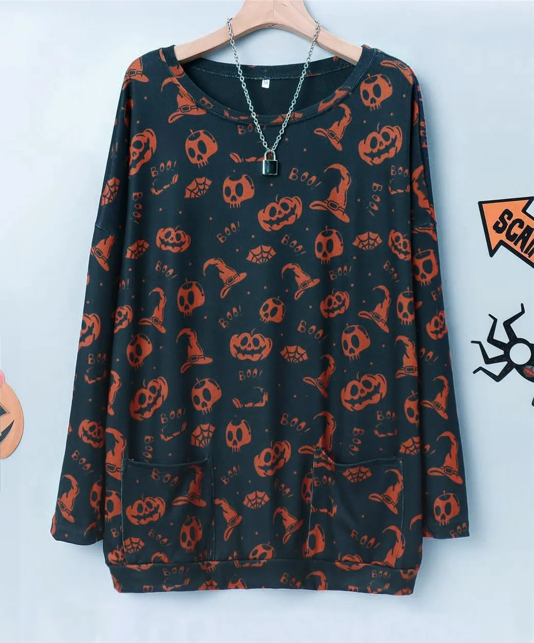 BOUTIKOME Womens Halloween Pumpkin Sweatshirt Black Cat Long Sleeve Crewneck Pullover Shirts with Pocket Tunic Tops