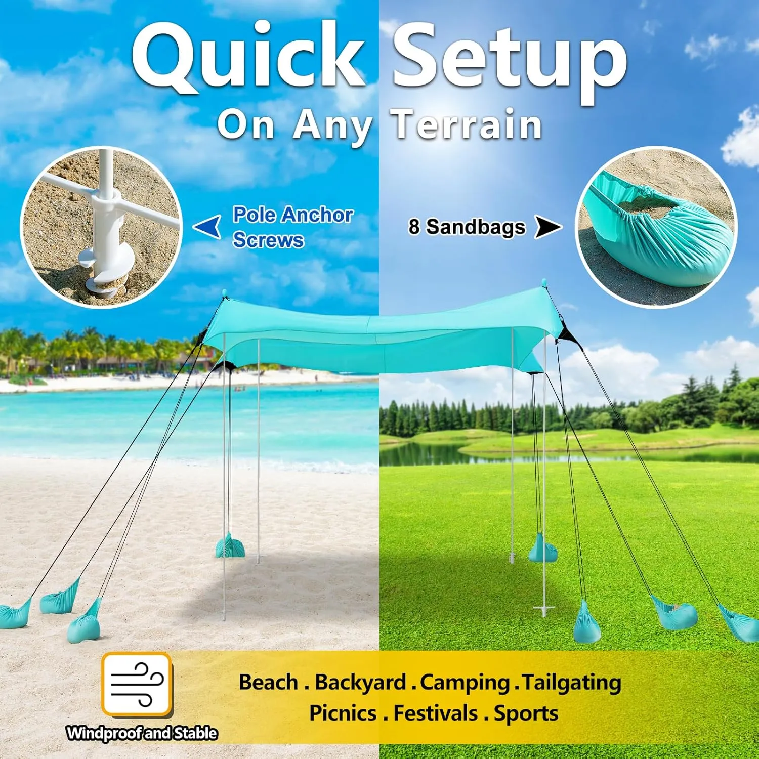 Camping Tent UPF50  with 8 Sandbags, Beach Shade Canopy for 6-12 Persons, Pop Up Canopy for Camping, Picnics, 12X12FT Turquoise