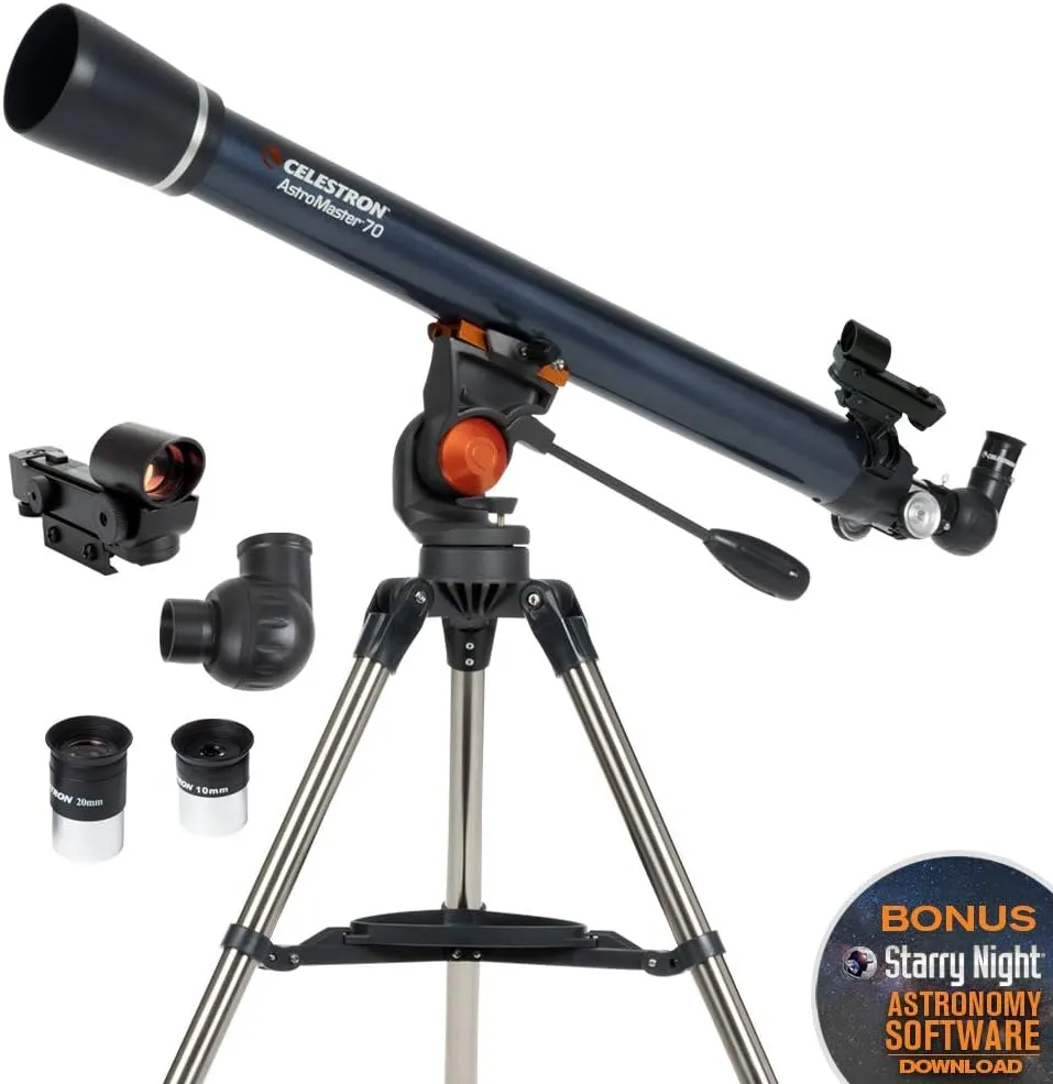 Celestron - AstroMaster 70AZ Telescope - Refractor Telescope - Fully Coated Glass Optics - Adjustable Height Tripod  Bonus Astronomy Software Package