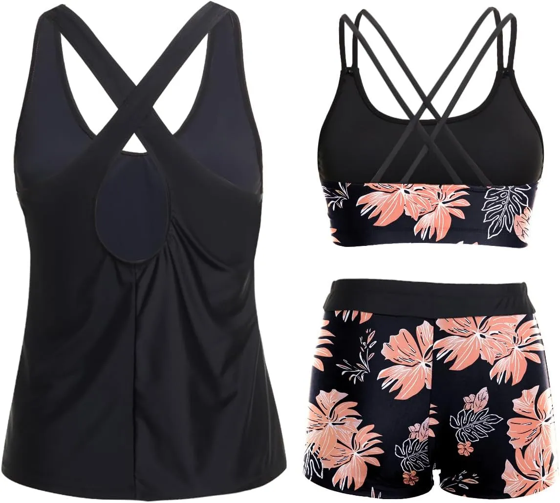 Holipick 3 Piece Tankini Swimsuits for Women Tummy Control Bathing Suits Swim Tank Top with Bra Boy Shorts Teen Swimwear