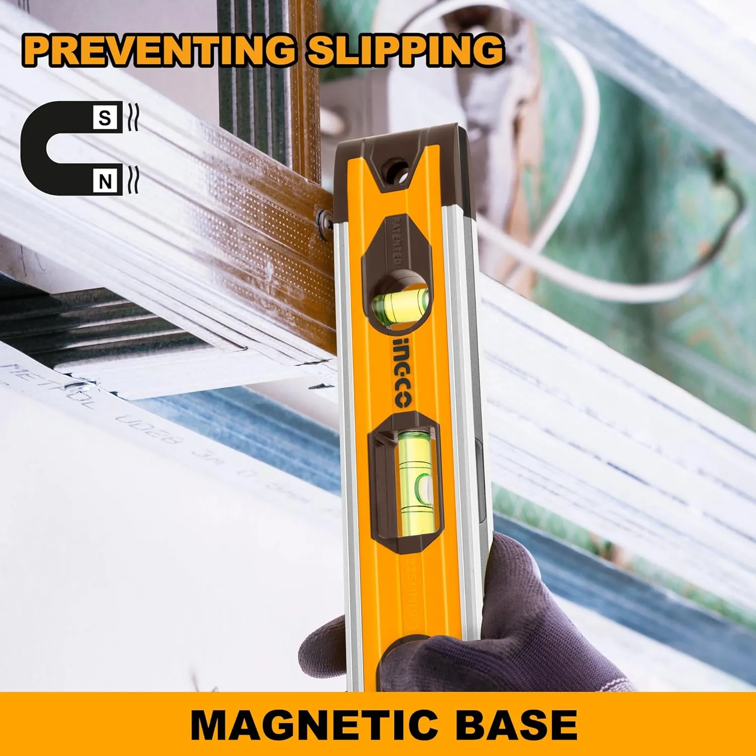 INGCO Magnetic Mini Spirit Level with 3 Bubble Leveller 45°/90°/180°, for Levelling, Furniture & Construction