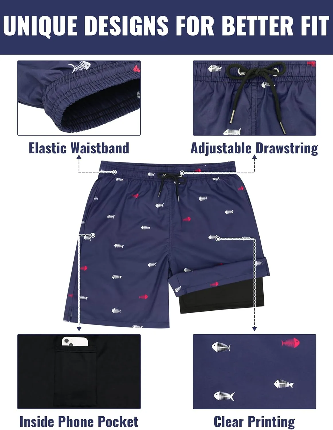 Mens Swim Trunks with Compression Liner Mens Bathing Suit 7 Inch Inseam Quick Dry Mens Board Shorts Men's Swimwear Men