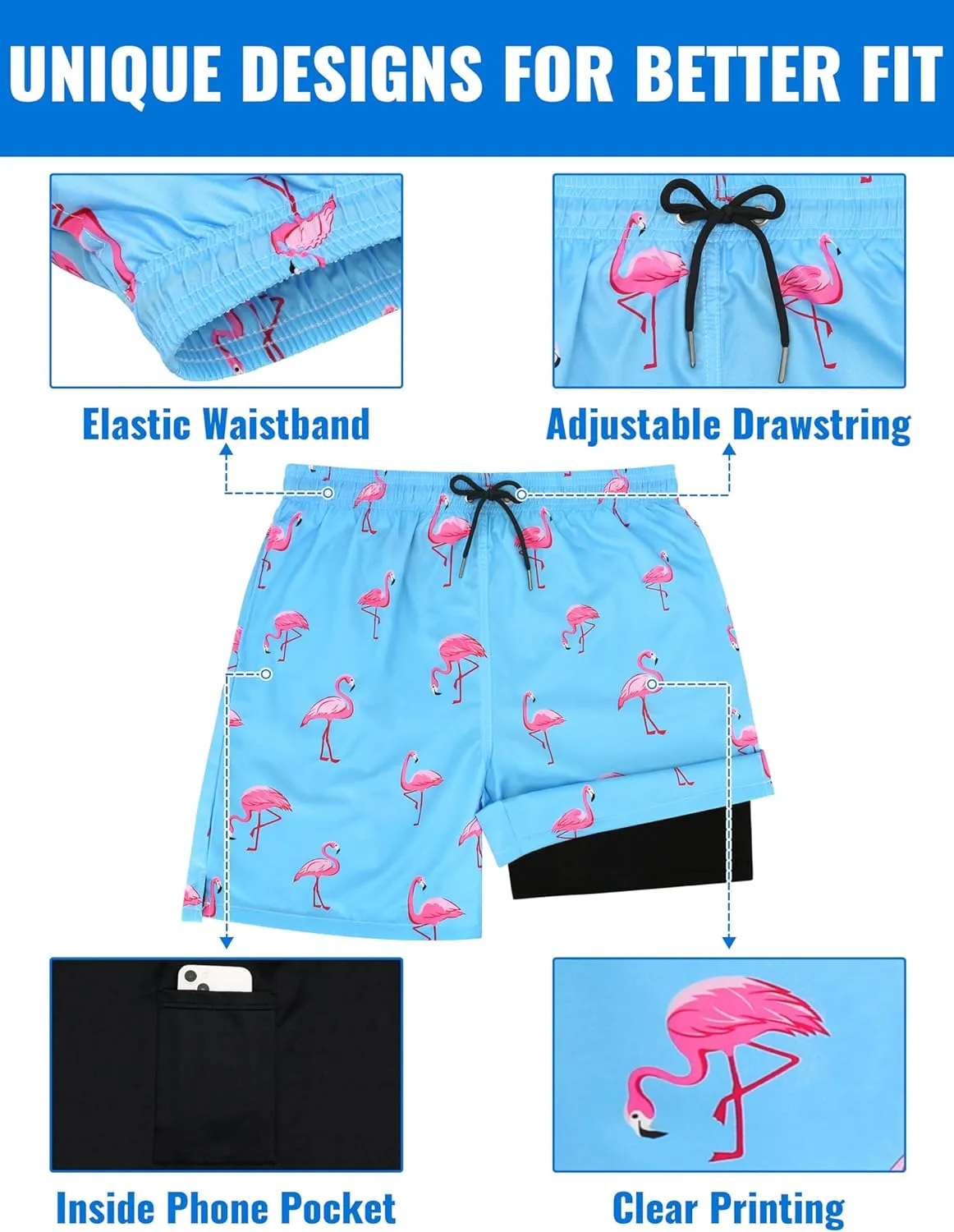 Mens Swim Trunks with Compression Liner Mens Bathing Suit 7 Inch Inseam Quick Dry Mens Board Shorts Men's Swimwear Men