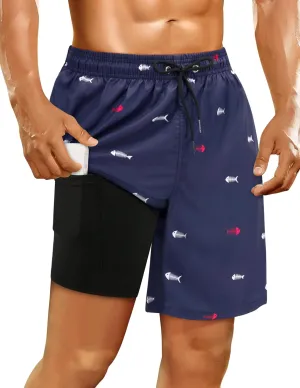 Mens Swim Trunks with Compression Liner Mens Bathing Suit 7 Inch Inseam Quick Dry Mens Board Shorts Men's Swimwear Men