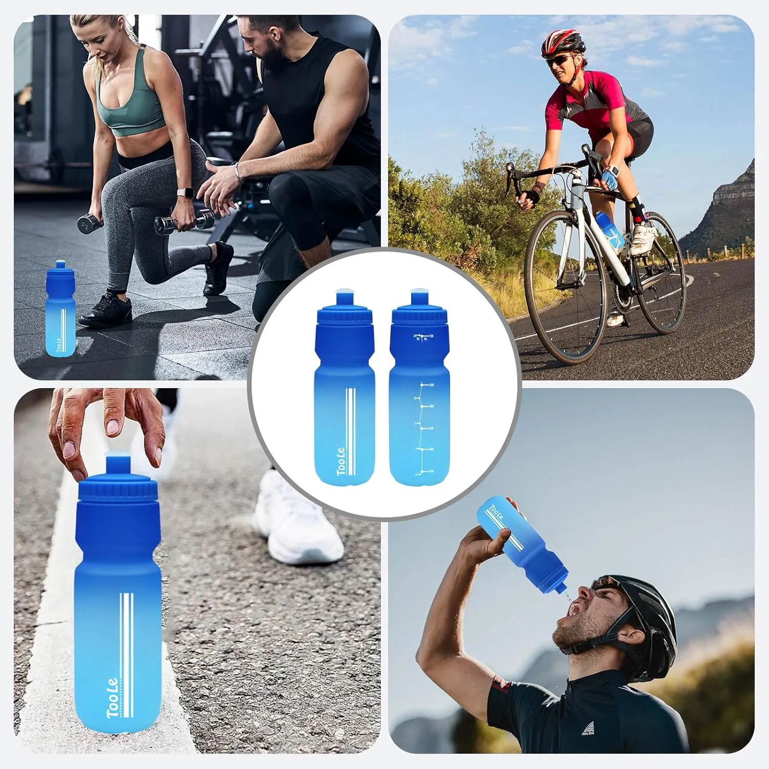 TooLe 24oz Bike Water Bottle, BPA-Free Cycling Squeeze Bottle with Leakproof Pull-Top Lid & Capacity Scale, for Fits Mountain/Road Bike Cages, Gym, Camping, Hiking