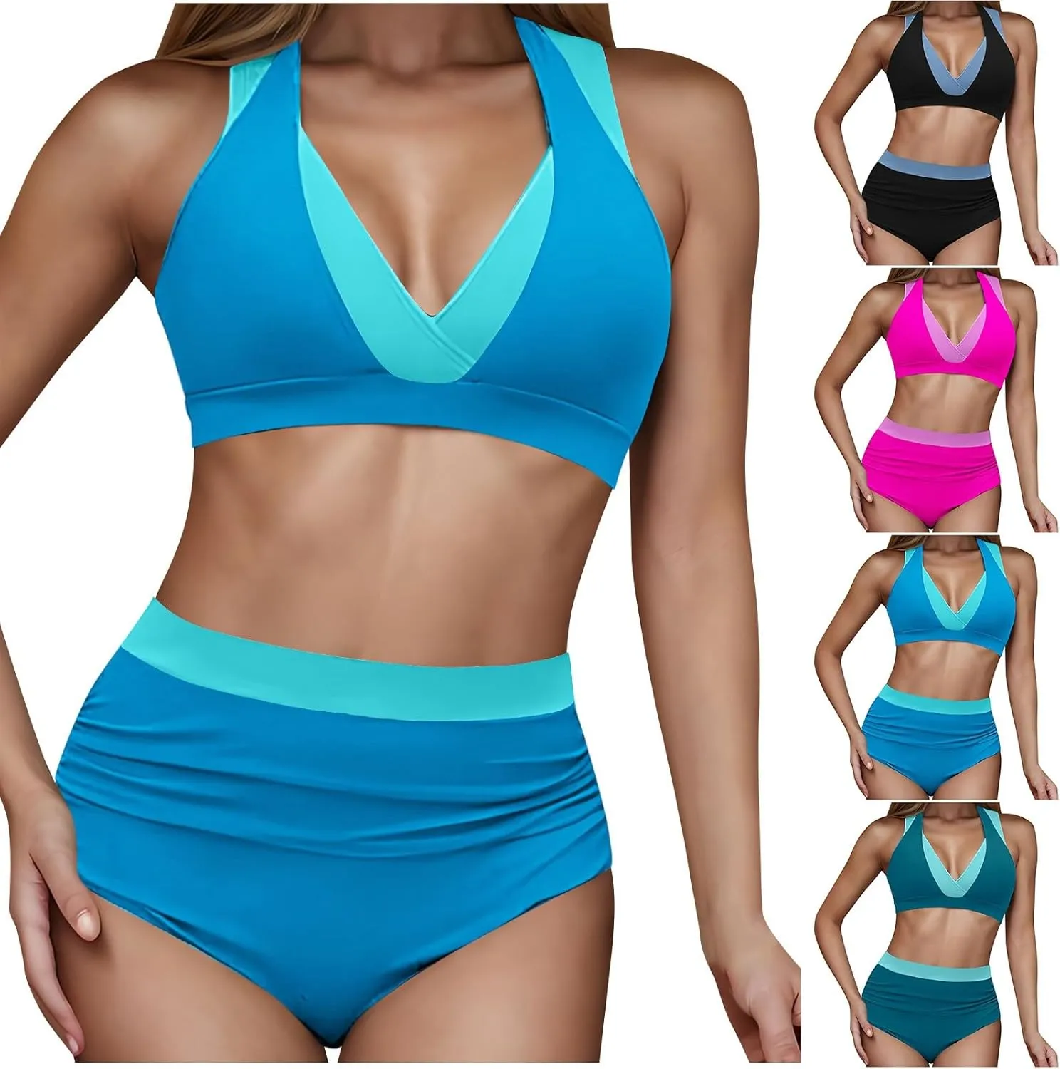 Tummy Control Color Block Swimsuit Two Piece Full Coverage High Waist Bottoms Beach Surf Sail Swimwear