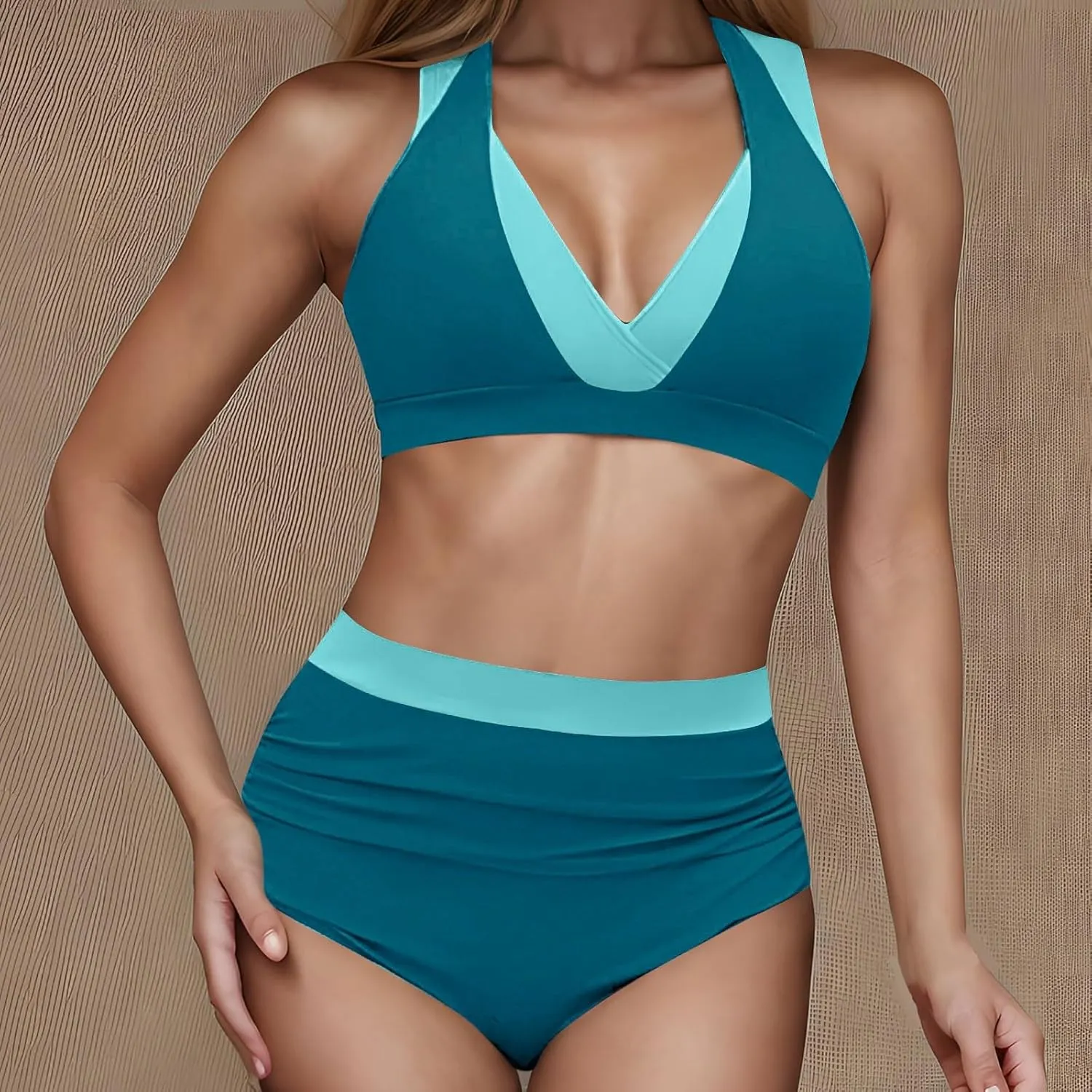 Tummy Control Color Block Swimsuit Two Piece Full Coverage High Waist Bottoms Beach Surf Sail Swimwear