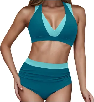 Tummy Control Color Block Swimsuit Two Piece Full Coverage High Waist Bottoms Beach Surf Sail Swimwear