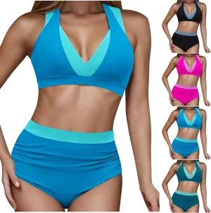 Tummy Control Color Block Swimsuit Two Piece Full Coverage High Waist Bottoms Beach Surf Sail Swimwear